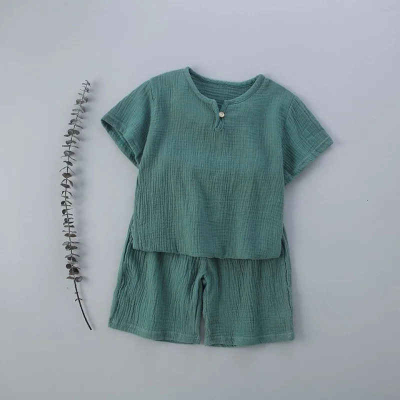 Summer childrens clothing set 0-7Y boy and girl cotton linen plain weave set T-shirt topshorts 2 pieces baby terrace clothing 250409