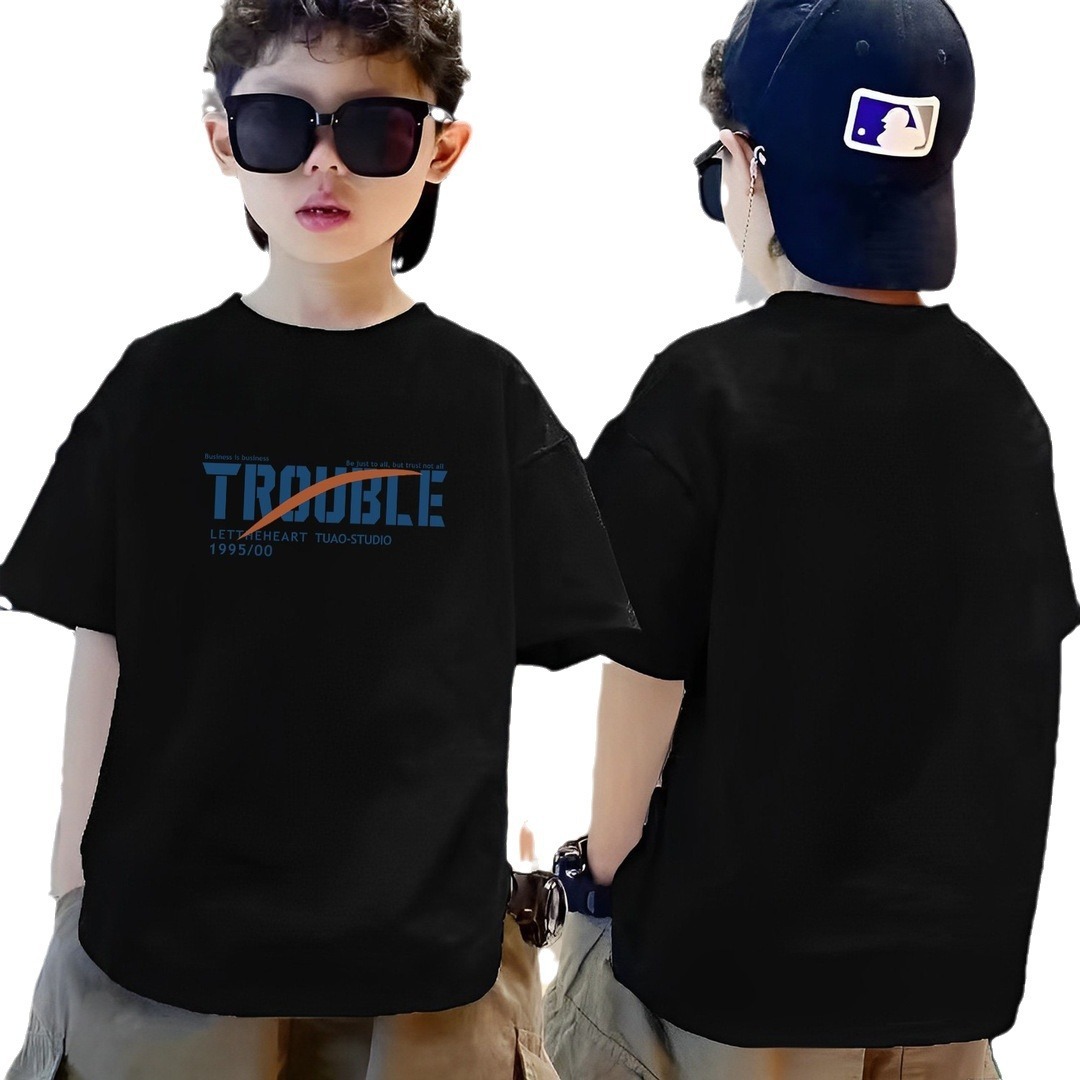 GS- Ddmyshoesvip Boys Pure Cotton T Shirt Short Sleeved Big Korean Version Loose Children S Years Old Summer Clothing Trendy