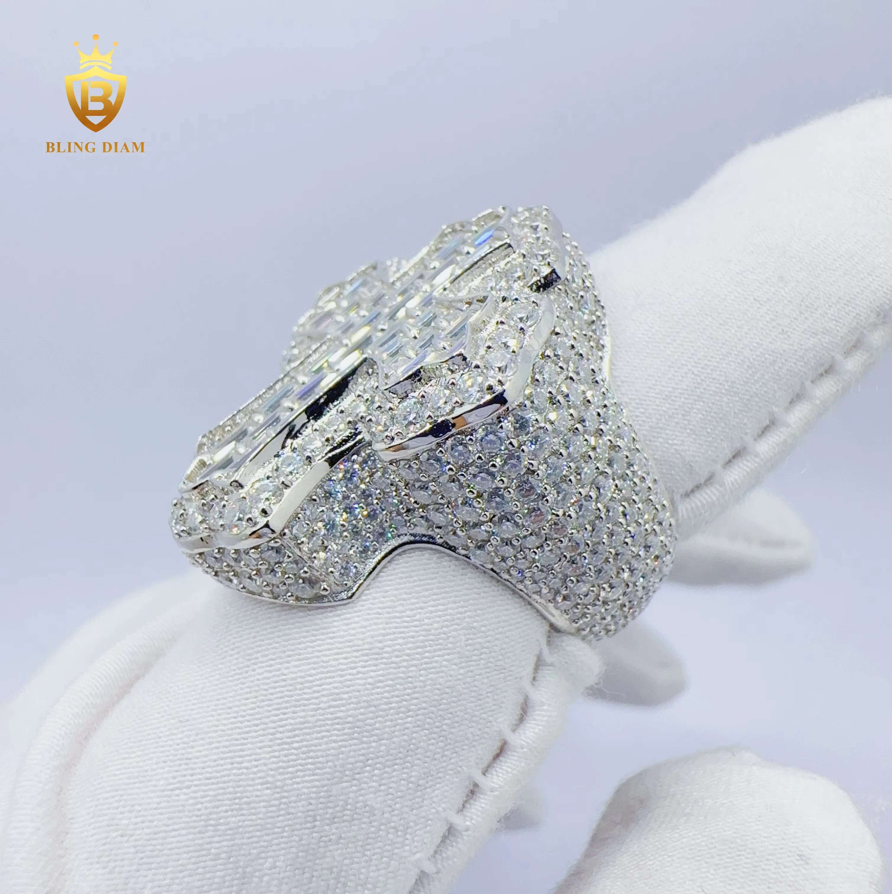 Blingdiam Jewelry Hip Hop 925 Sterling Sliver Cross Ring D Color Baguette VVS Moissanite Ring