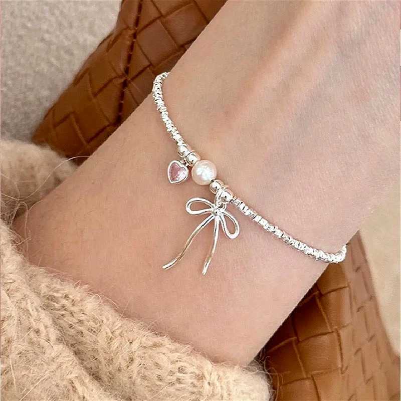 925 Sterling Silver Pearl Bracelets For Women Girls Vintage Korean Pink Love Bow Chain Bracelet Luxury Original Party JewelryT251110