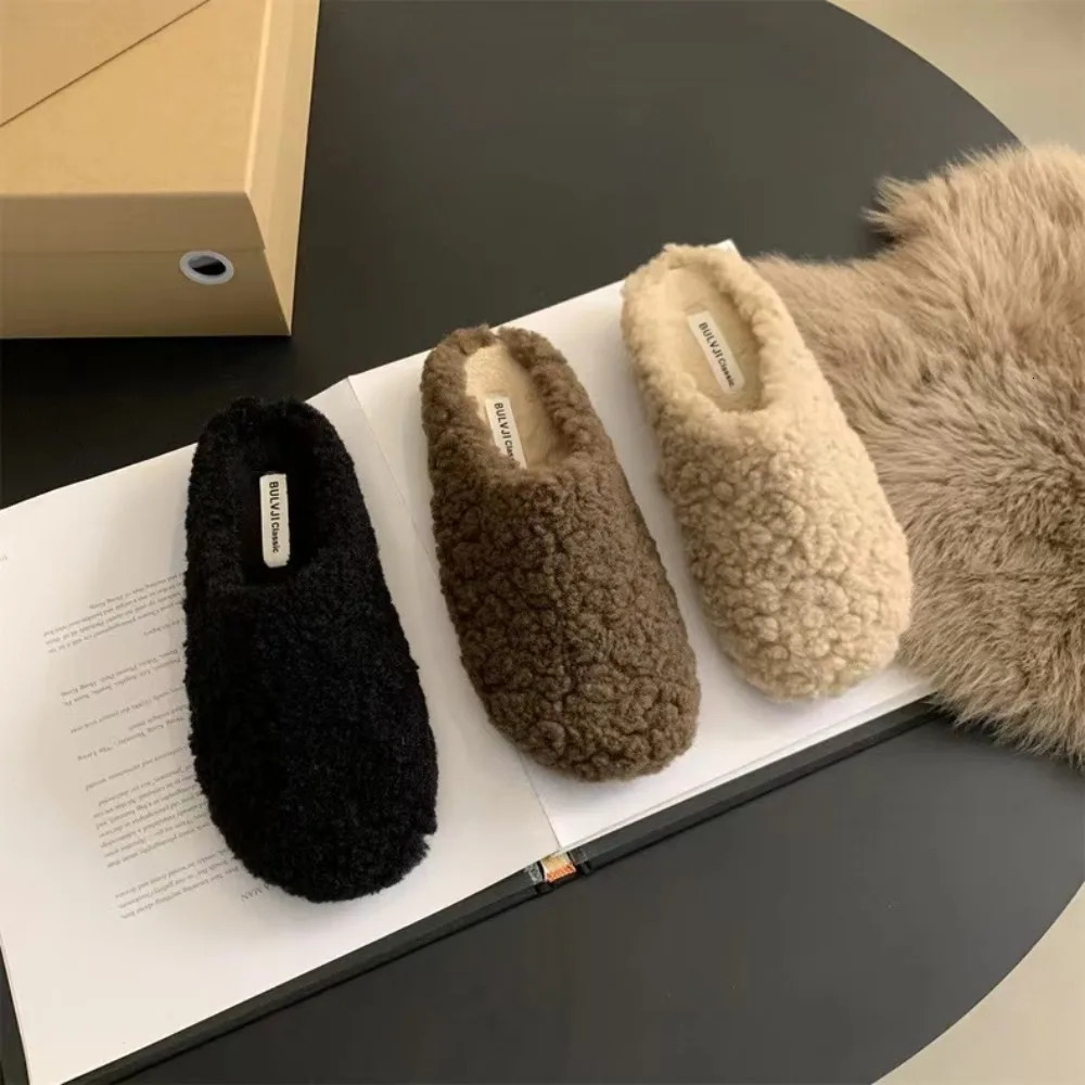 Fleeces Solid Color Furry Slippers Women Baotou Fur Flip Flops Woman Sliders Flat with Slides Warm Slippers Indoor Shoe 251107