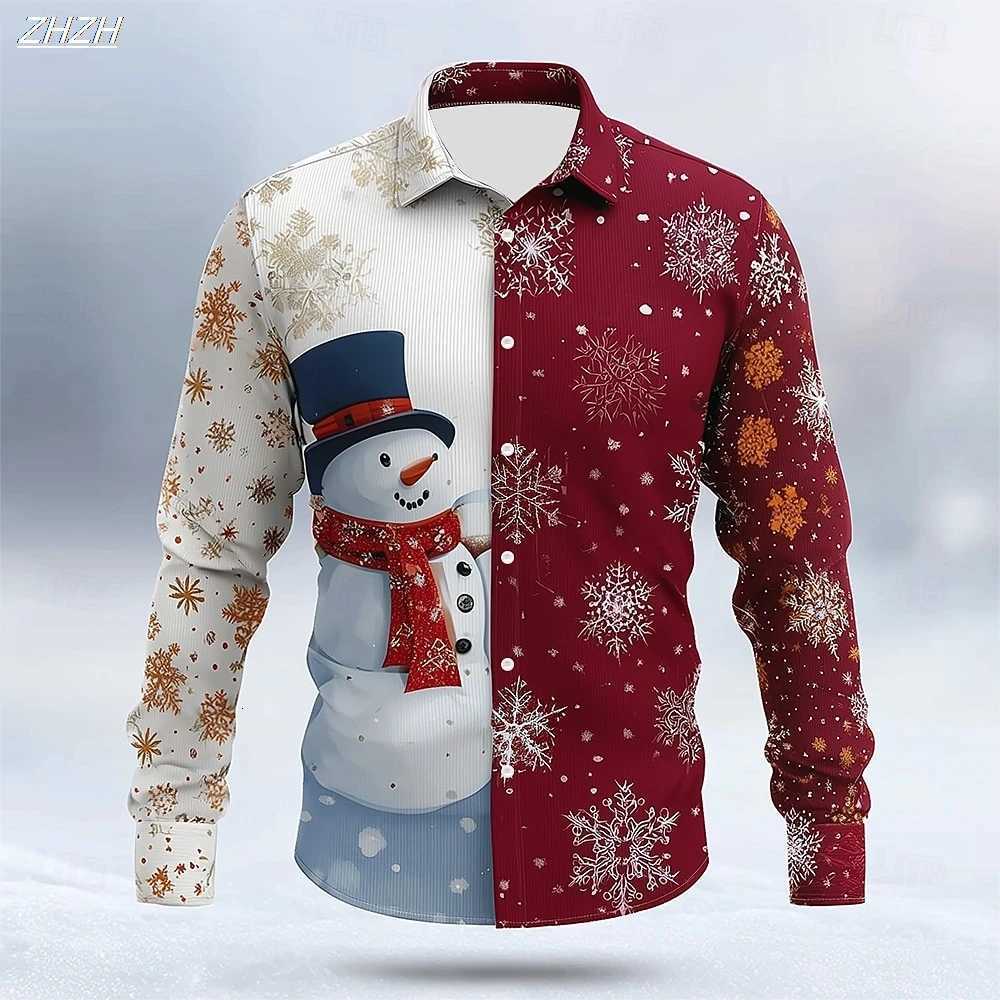 2025 Mens Snowman Snowflake Christmas Shirt 3D Print Button Up Collared Funny Holiday Long Sleeve Spring Fall Party Wear K251110