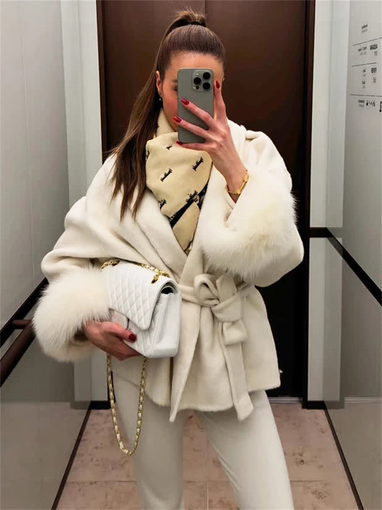 Trendix Fur Woolen Womens Autumn Coat Fashion Patchwork DoubleSided Wool Overcoat Elegant Office Jacket 251105