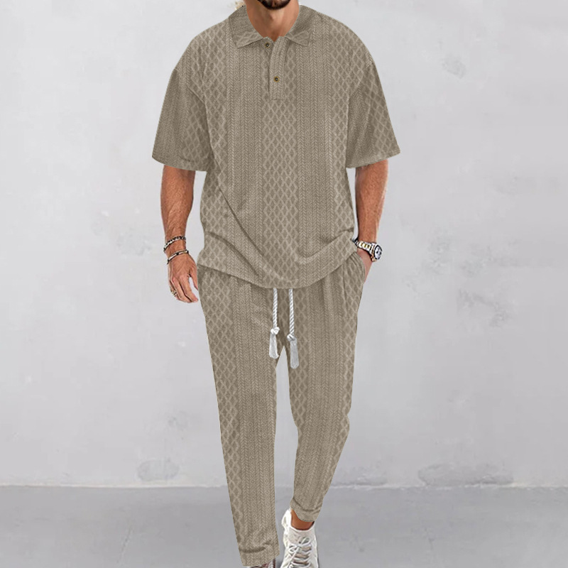 Spring/Summer Mens Casual Pants Flip Collar Jacquard Knitted Top Large Set