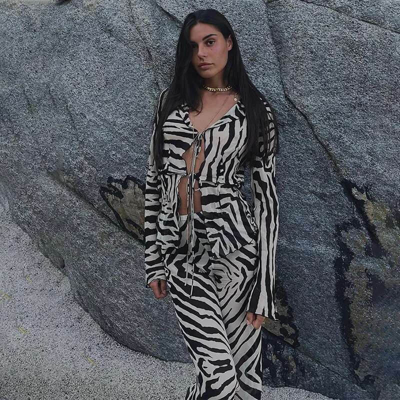 Cryptographic Animal Print Mesh Sheer Stripe Tie Front Detail Top Matching Fashion Outfits 2 Piece Sets Holiday Beachwear