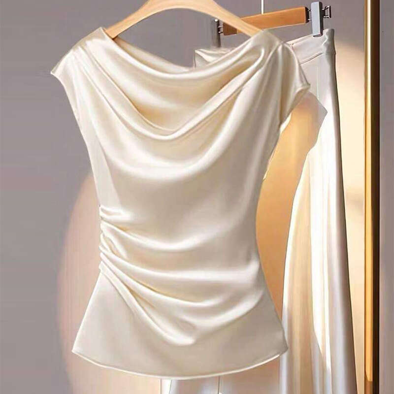 Cross-Border European and American Style Elegant Mature Satin 2025 Summer Amazon French High-End Slimming Shirt for Women