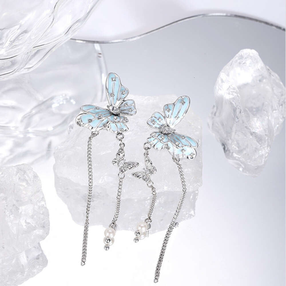 Original Long Tassel Blue Butterfly Earrings for Women, Light Luxury Fashion, High-end Feel, Gentle Temperament, 925 Silver Needle Ear Jewelry