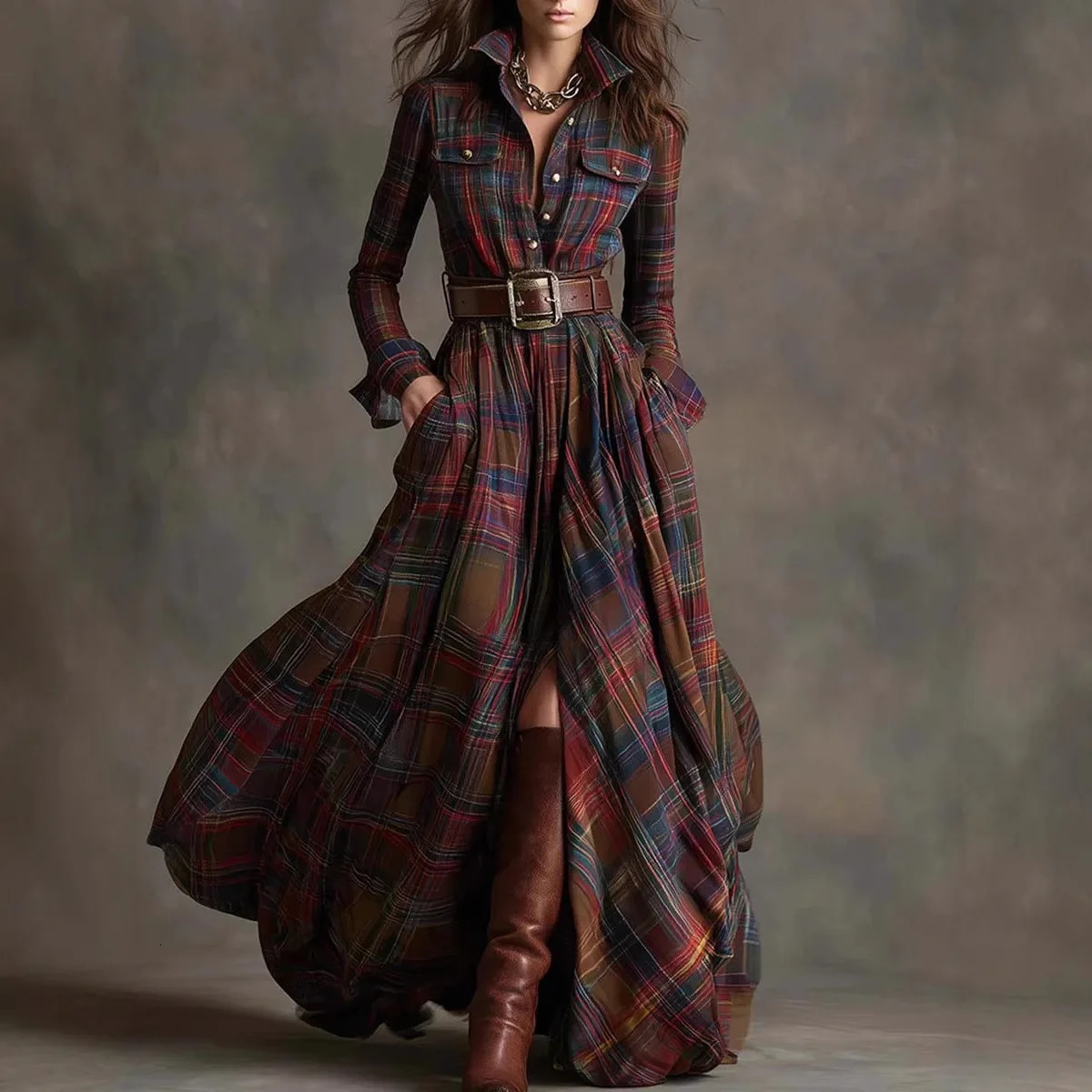 European American Womens Shirt Maxi Dress Autumn Casual Long Sleeve Button Pocket Plaid Print Lapel Retro Vestidos 251110
