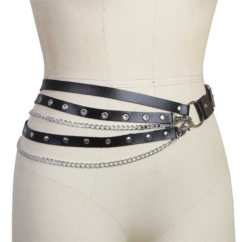 Fashionable Gothic punk metal ring design silver pin buckle leather black belt jeans belt X250410