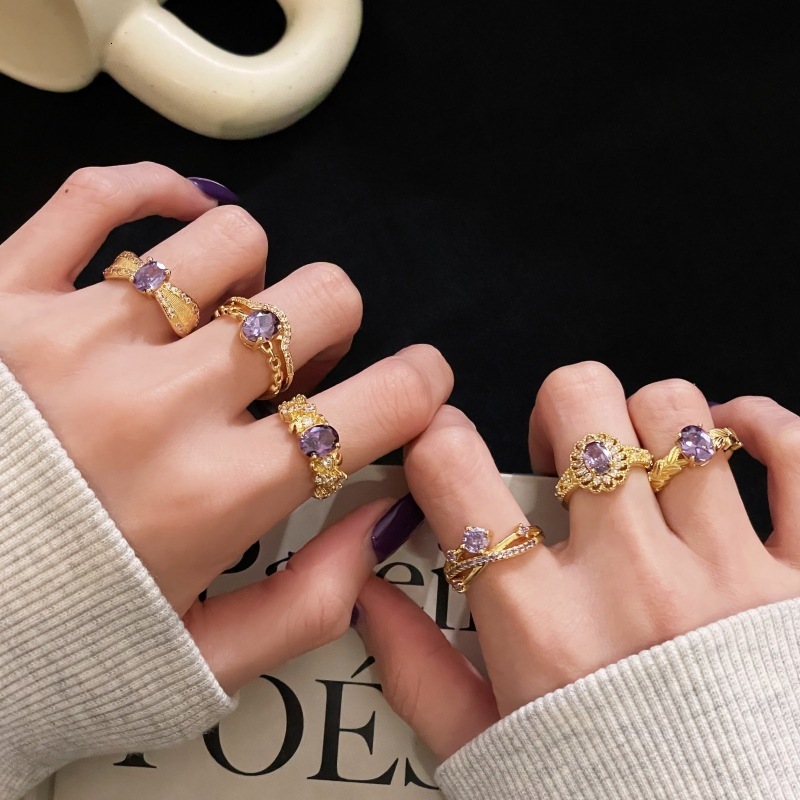 Designer Ring Gold Light Fashion Ring Luxury High-end Niche Accessories For Women New Nine Purple Fire Color Gemstone Zircon Vintage Brushed Open Ring