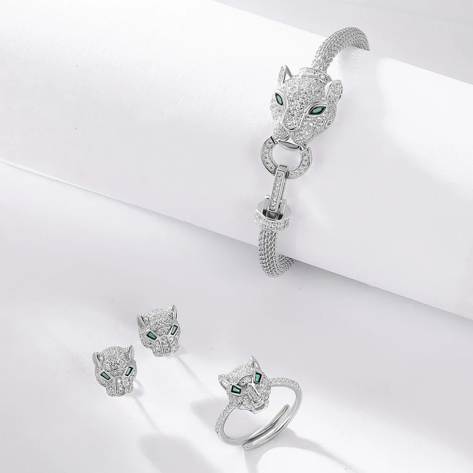 ALLNOEL 100% 925 Silver Stud Earrings For Women Leopard Head Green CZ Eye Panther Animal Jewelry Hip Hop Punk Gift Wholesale 250409