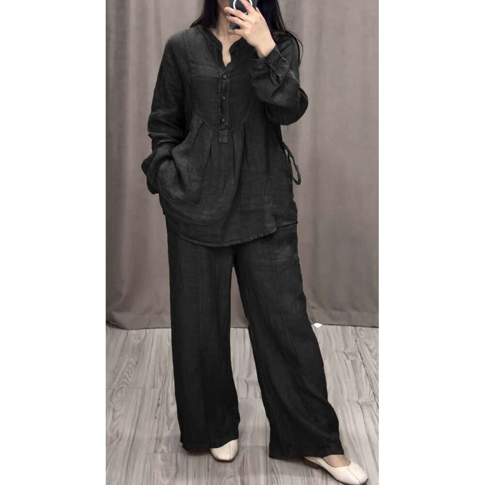 2025 European and American Independent Station Autumn New Fashion Comfortable Cotton Linen Long Sleeve Half-Open Front Casual Pleated Wide-Leg Pants S