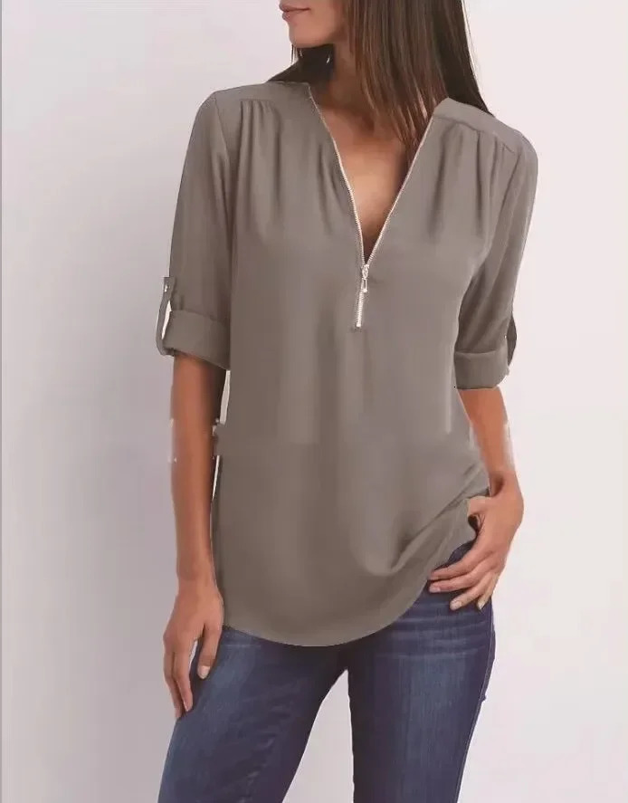 selling womens cool loose shirt deep V-neck chiffon fashionable shirt casual womens top sexy zipper plus size 250409