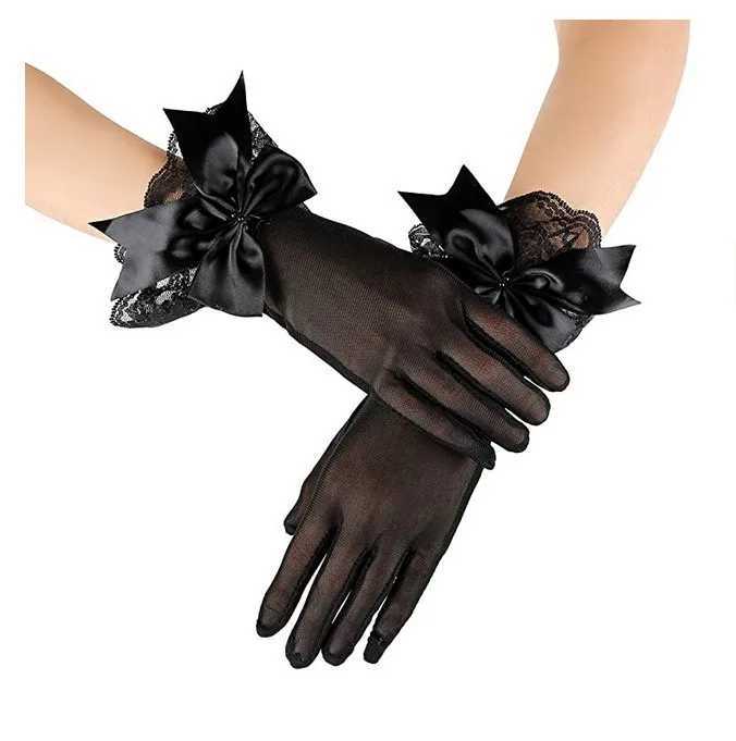 Women Black Full Fingers Gloves Tea Party Gloves with Lace Trim Bow knot for Valentines Day Wedding Party Cosplay Accessories L251110