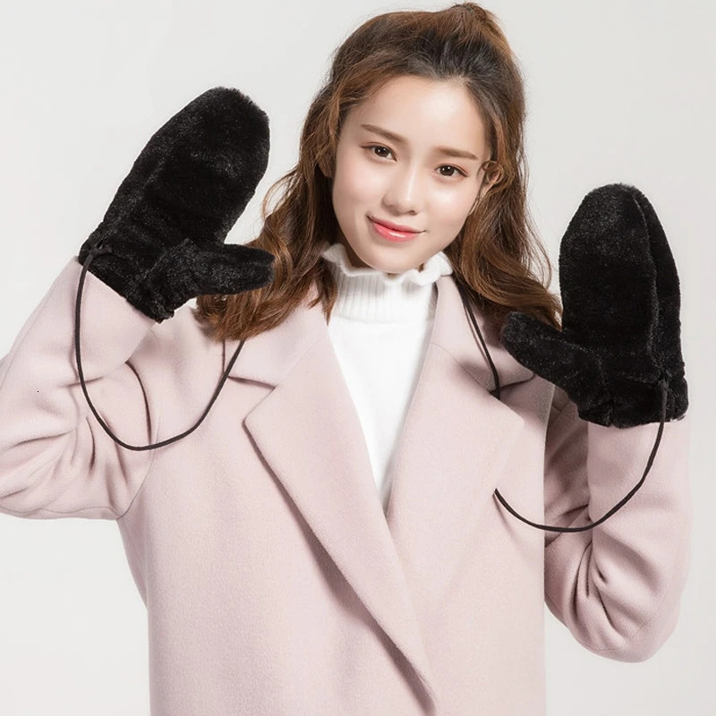 Fashion Solid Winter Glove Warm Dehair Angora Inside Coral Fleece Thick Mittens For Women Female Hanging Rope Gants Femme 251106