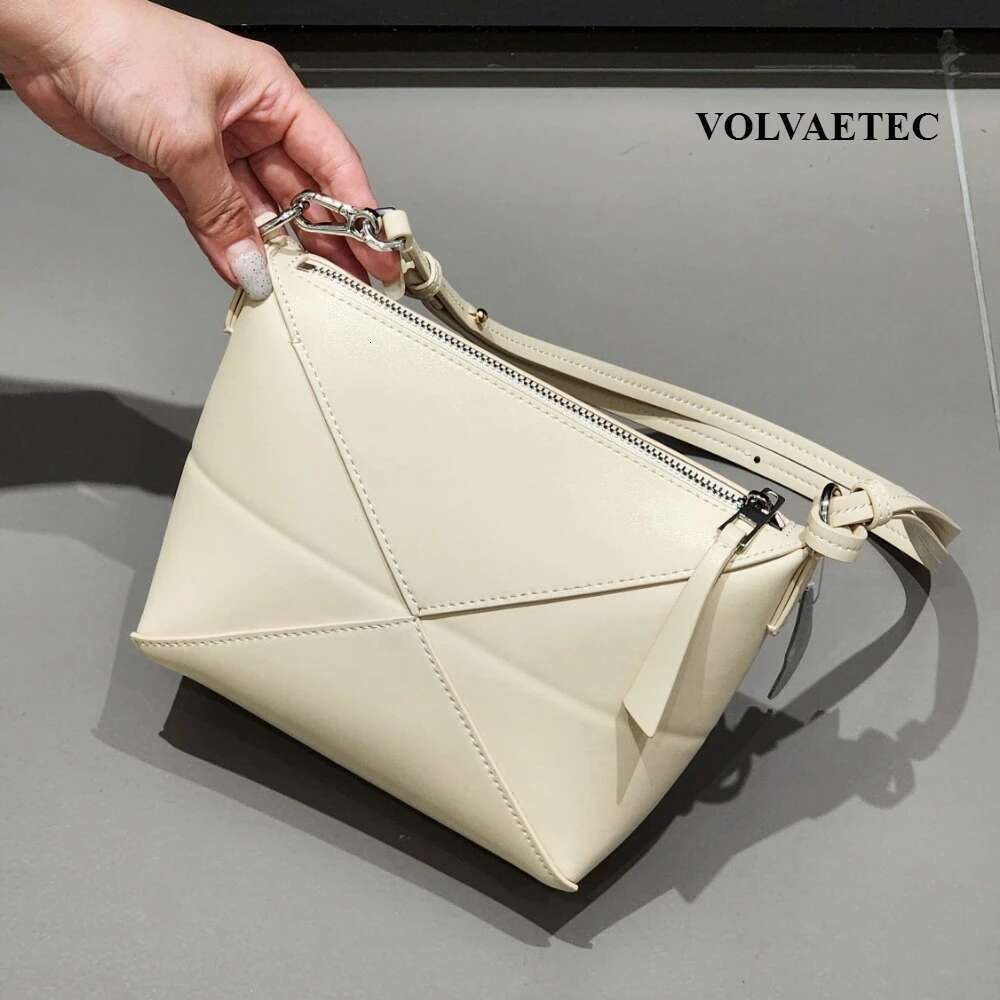 VOAETEC Cowhide Shoulder Crossbody Underarm Small Folding Niche Design Advanced Commuter Geometric Leather Bag Women