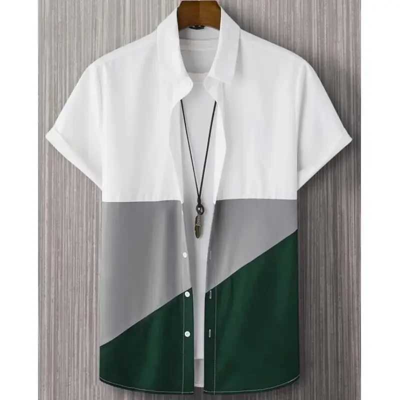 Mens 3D patch work plain weave mens summer casual short sleeved daily street top loose oversized shirt X250410