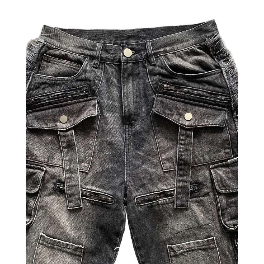 Gothic Haruku Y2k Multi-Pocket Washed Black Jeans Men Fall Loose Drag Street Hip Hop Rap 90S Spice Girls Wide Leg Pants
