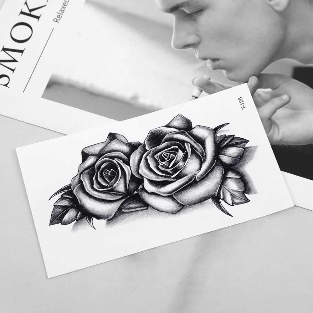 Waterproof Double Rose Temporary Tattoo Sticker Paper Flower Rose Sparkling Sexy Fake Black Rose Tattoo Body Art Arm Fake Sleeve Tattoo W250410