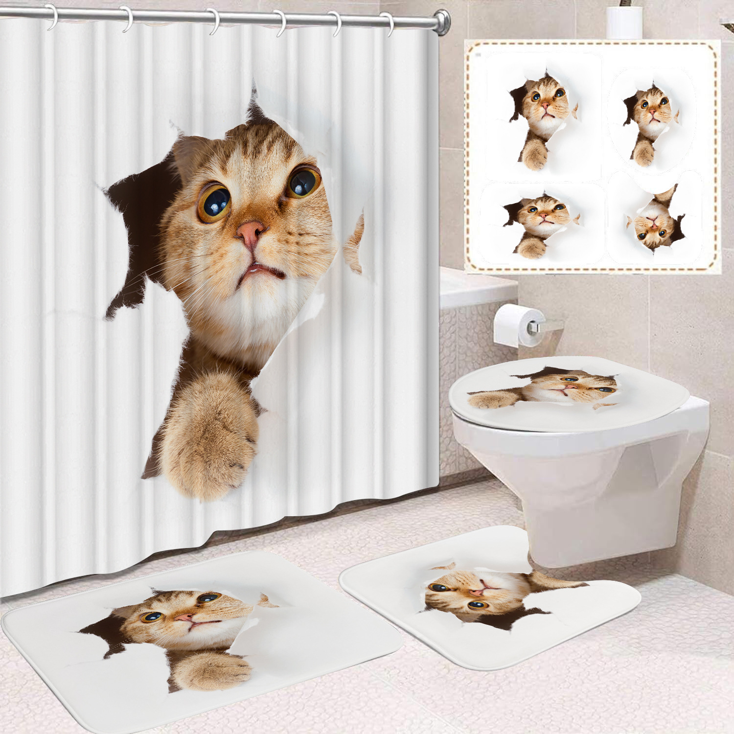 YL-37675 Black and White Cat Shower Curtain Waterproof and Mildew-proof Digital Print Shower Curtain Four-Piece Set