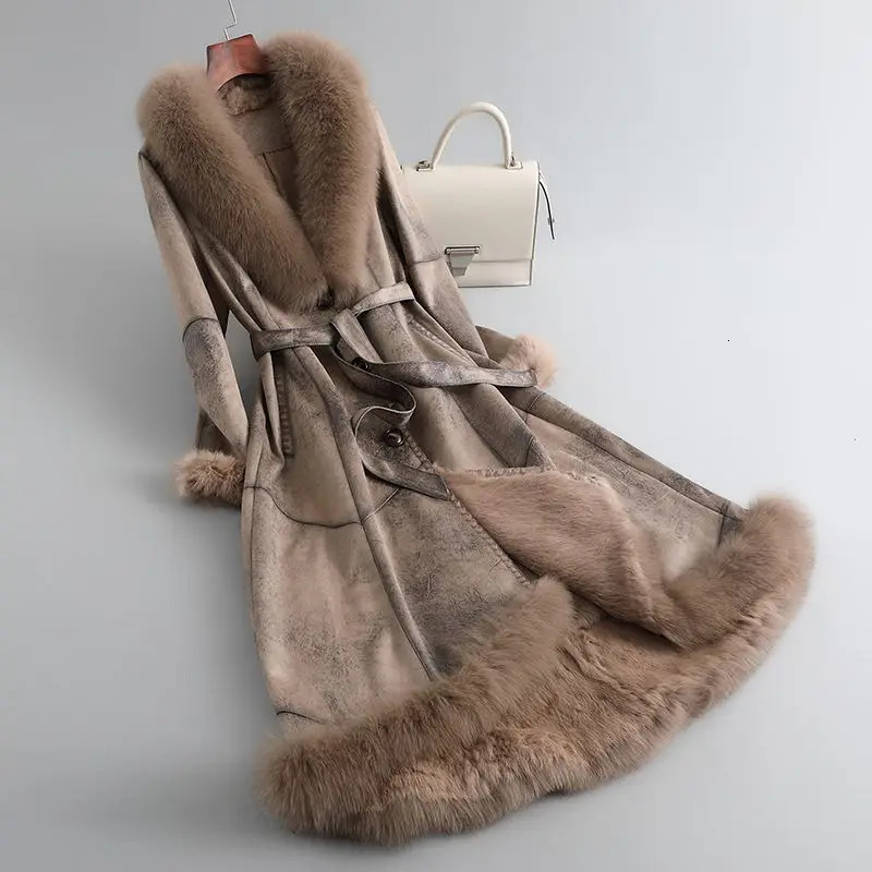 Winter Rabbit Fur Integrated Womens Coat Long Genuine Leather Fox Collar Slim Fit 251110