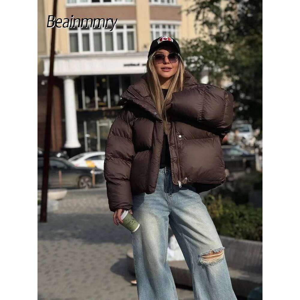 Women Brown Hooded Cotton Coat Fashion Lapel Full Sleeve Zipper Button Warm Loose Short Coats Lady Winter Casual Street Outwear