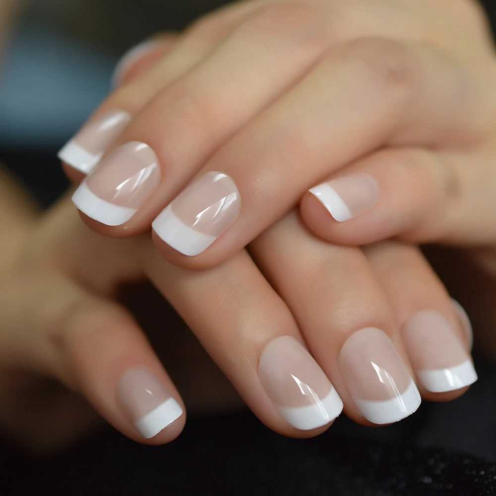 French style fake nails natural nude white pointed glossy pressed finger nail art handmade beauty set with multiple styles to choose from W250410