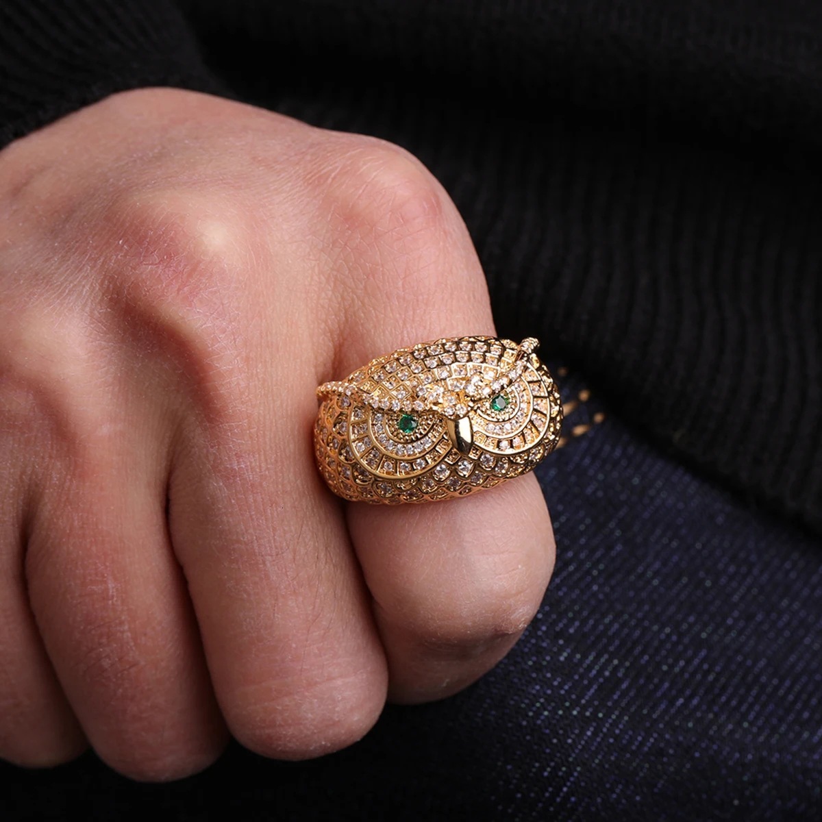 hip-hop owl ring real gold Moissanite ring fashionable and personalized trendsetter ring