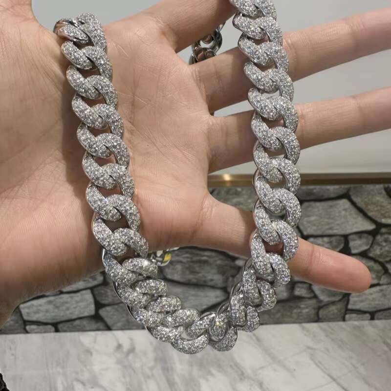Hot Sale Dropshipping 15mm 2rows Vvs Moissnaite Diamond Iced Out Hip Hop Jewelry Moissanite Cuban Chain Bracelet Necklace