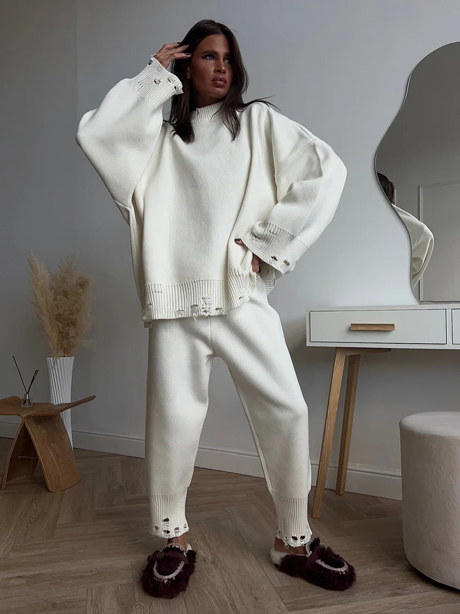 Bornladies Autumn Winter Womens Turtleneck Knit Sweater Skinny Knit Pants Set Soft Oversized Ripped Hem Fashion Pullover 251104