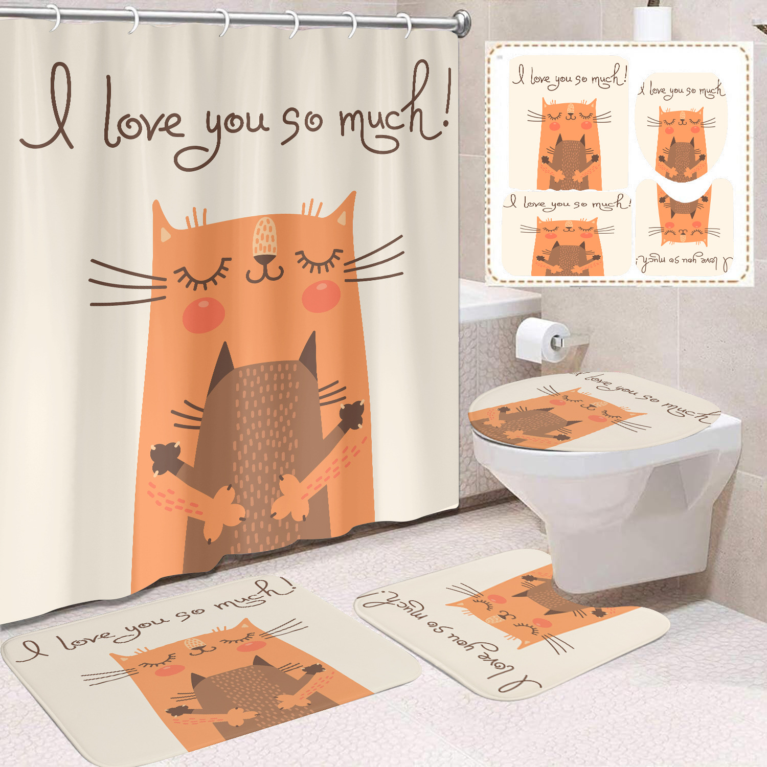 YL-37675 Black and White Cat Shower Curtain Waterproof and Mildew-proof Digital Print Shower Curtain Four-Piece Set