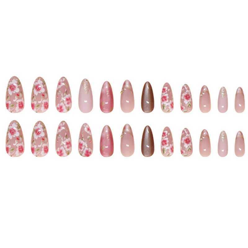 24Pcs Peach Blossom Press on Nails Cats Eye Nude Glitter False Nail for Women Girl Spring and Summer Detachable Wearable Nail W250410