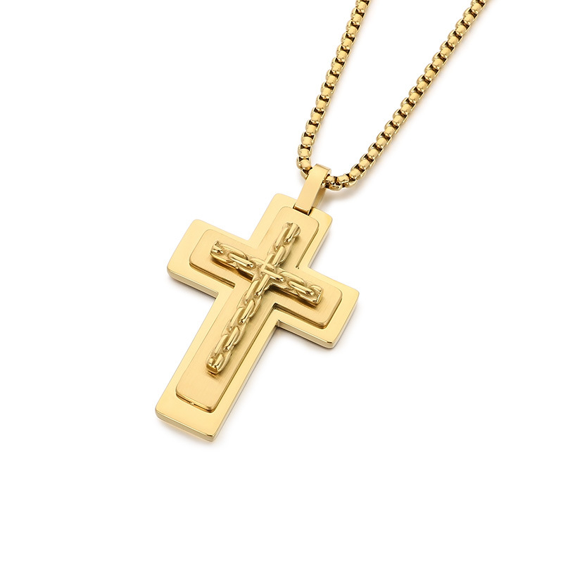 Hip Hop Multi-layer Cross Pendant Necklace Stainless Steel Gold Plated Mens Jewelry