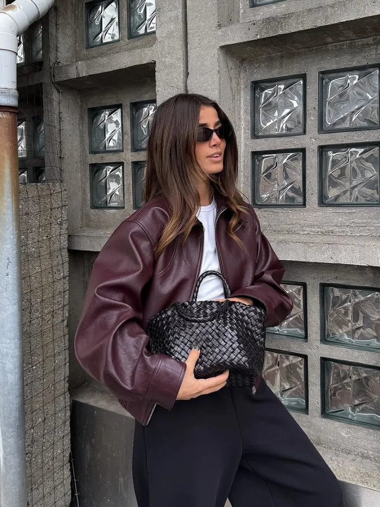 Wine Red Lapel Leather Short Coat Retro Womens Zipper Long Sleeve Jackets Female Autumn Fashion High Street 251110