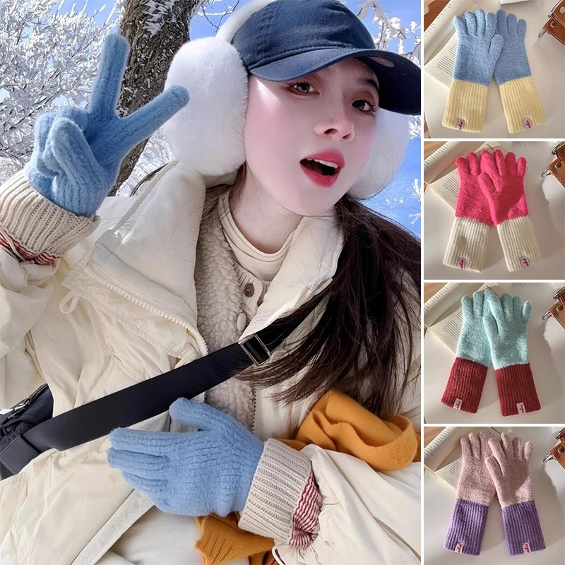 Winter Warm Women Gloves Dopamine Solid Color Five-fingered Gloves Knitted Cold-proof Student Girls Cycling Touch Screen Gloves 251106