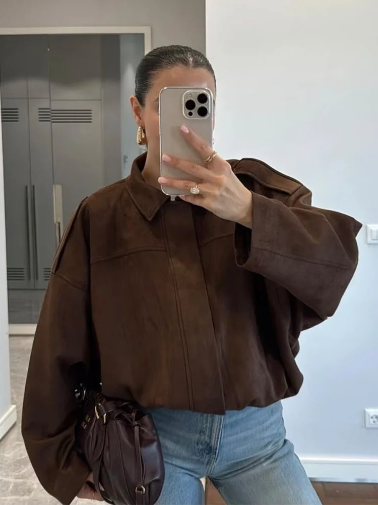 Women Green Suede Jacket Spring Fashion Long Sleeve Zipper Oversize Bomber Coat Chic Female High Street Outerwear 251110