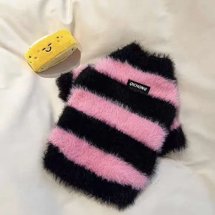 Fluffy Pink & Black Striped Design, Warm Pet Sweater for Small Dogs, Cute Heart Details, Soft Material, Fashionable Dog Apparel for Maltese & Tiny Bre