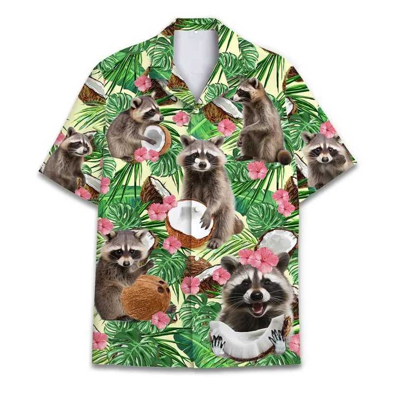 Harajuku New 3D Tropical Leaf Printed Shirt Mens Cute Animal Graphic Shorts Summer Hawaii Y2k Clotting Cool Collar X250410