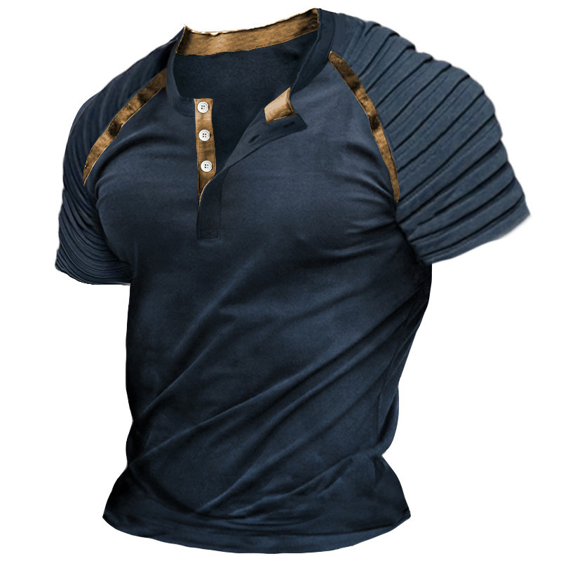2025 New Summer Mens Sleeves Folded Short Sleeve T-shirt Mens Henry Collar Top