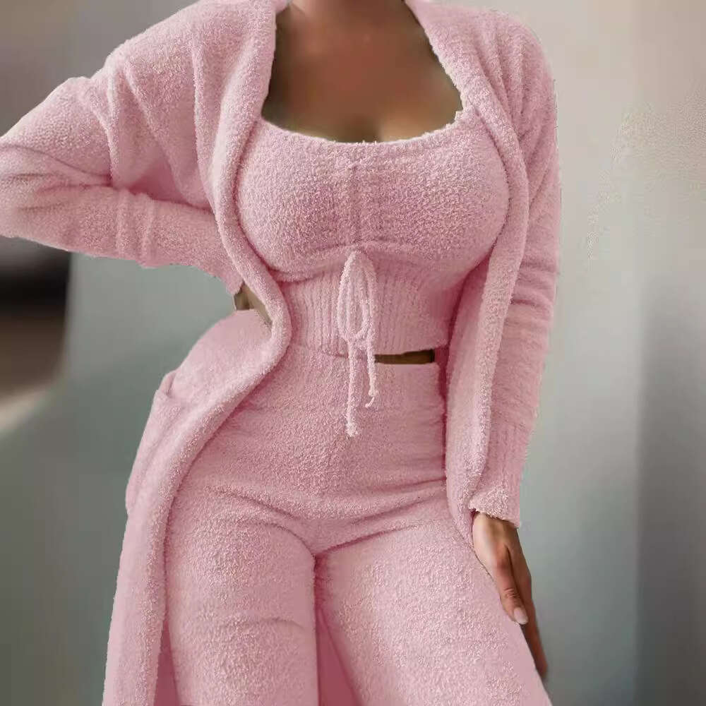 European and American Cross-Border Autumn Winter New Women's Fashion Casual Plush Lace-Up Cardigan 3-Piece Long Pants Set