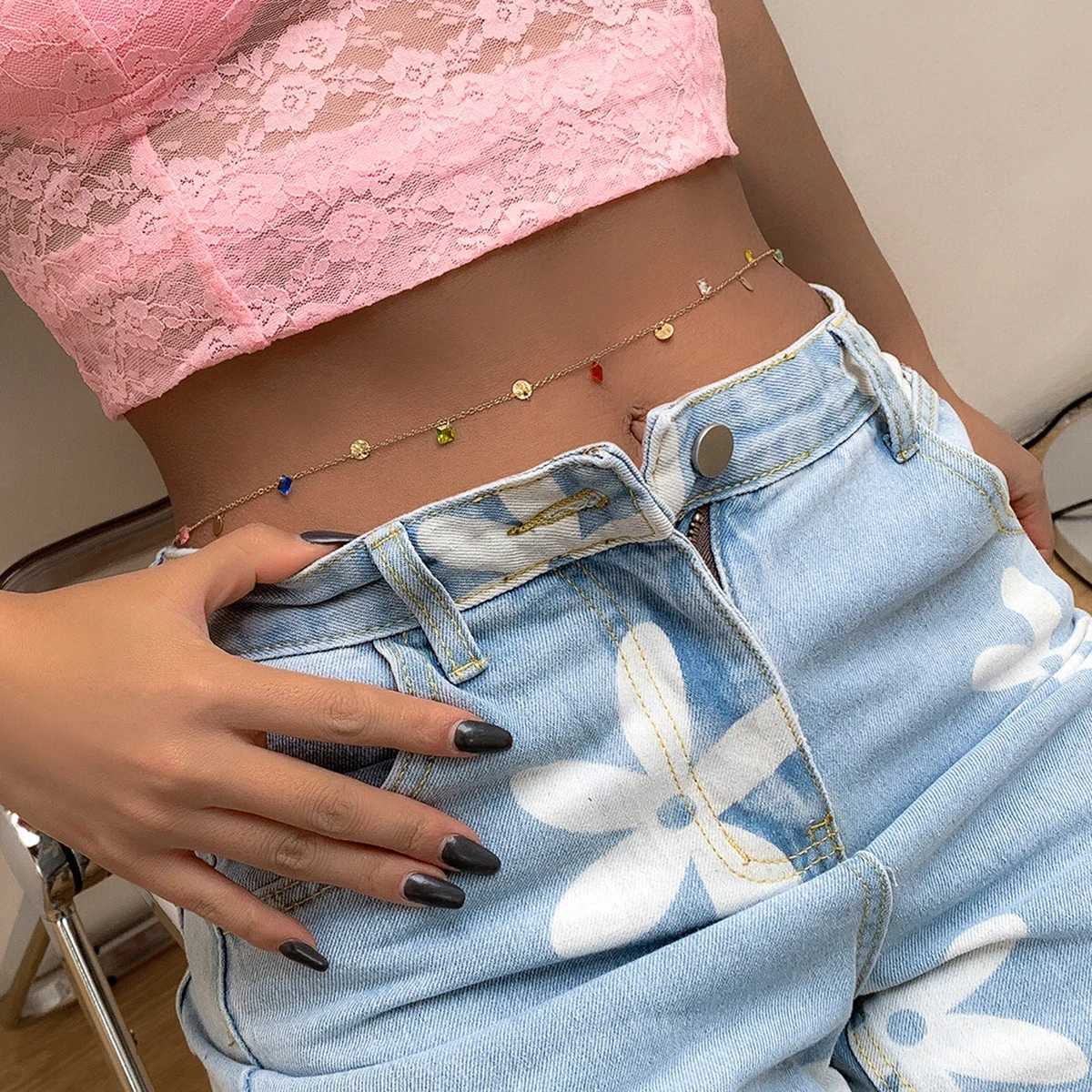 IngeSight. Z Sexy Colored Copper Belly Chain Waist Chain Love Flower tassel Rhinestone Crystal Style Jewelry X250410