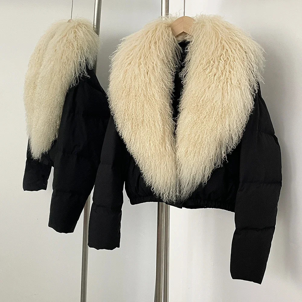 OFTBUY Fur Waterproof PU Puffer Jacket Short Large Mongolian Collar Coat Women White Duck Down Winter Parkas Female 251110