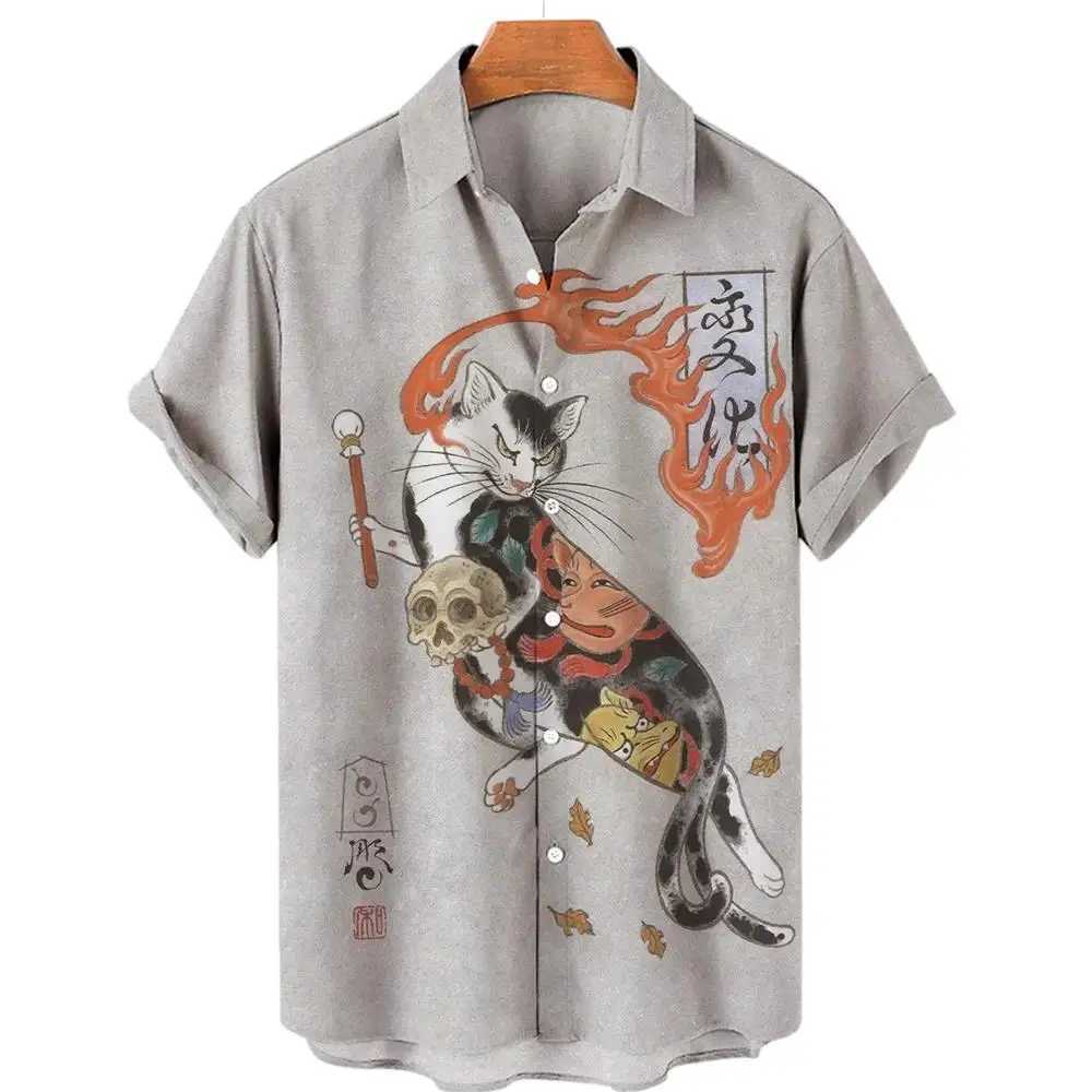 Japanese Art Samurai Cat Pattern Printed Short Sleeve Mens Casual Comfortable Collar Button X250410