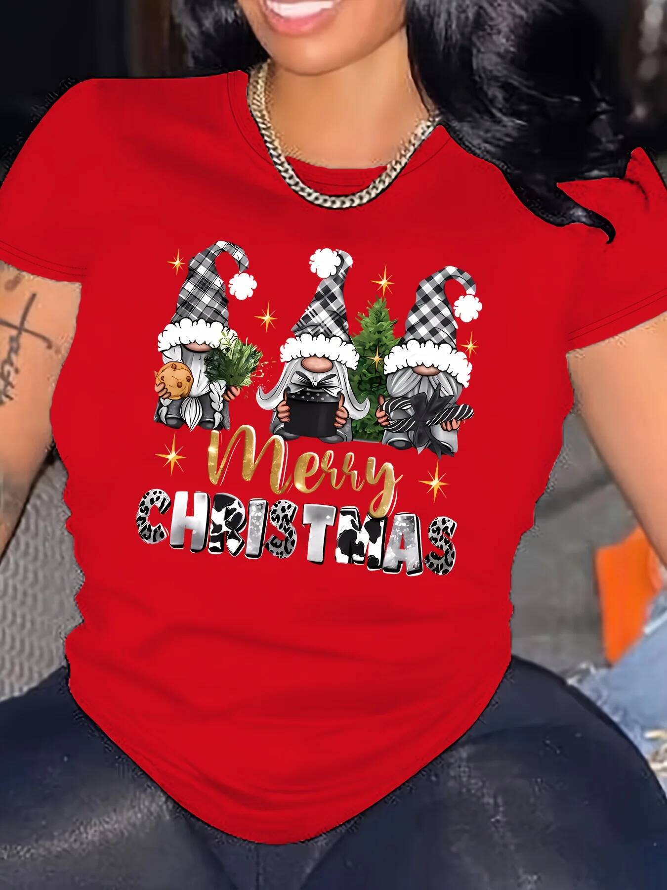 Ddmytues Christmas Women's Red T-Shirt Merry Lettering Black T-Shirt Top With White Gnome Women