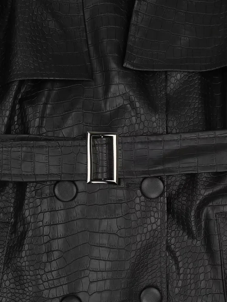 Mauroicardi Spring Long Matte Black Print Pu Leather Trench Coat for Women with Belt Loose Casual Korean Fashion 251105