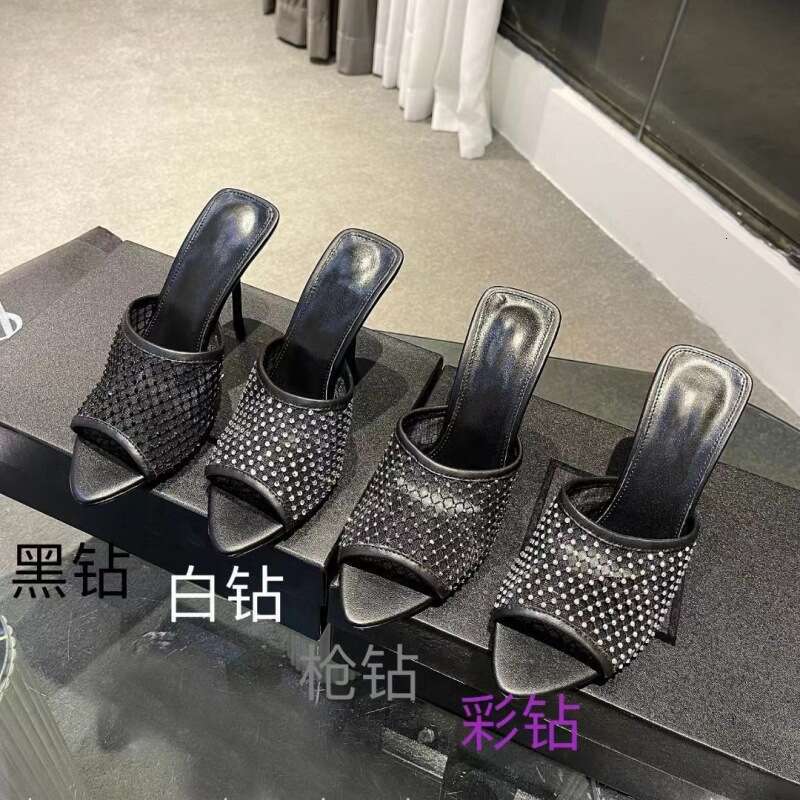 Guangzhou High-Quality 2024 Spring Summer New Rhinestone Mesh Peep-Toe Genuine Leather Sole Stiletto Heel Sandals For Women