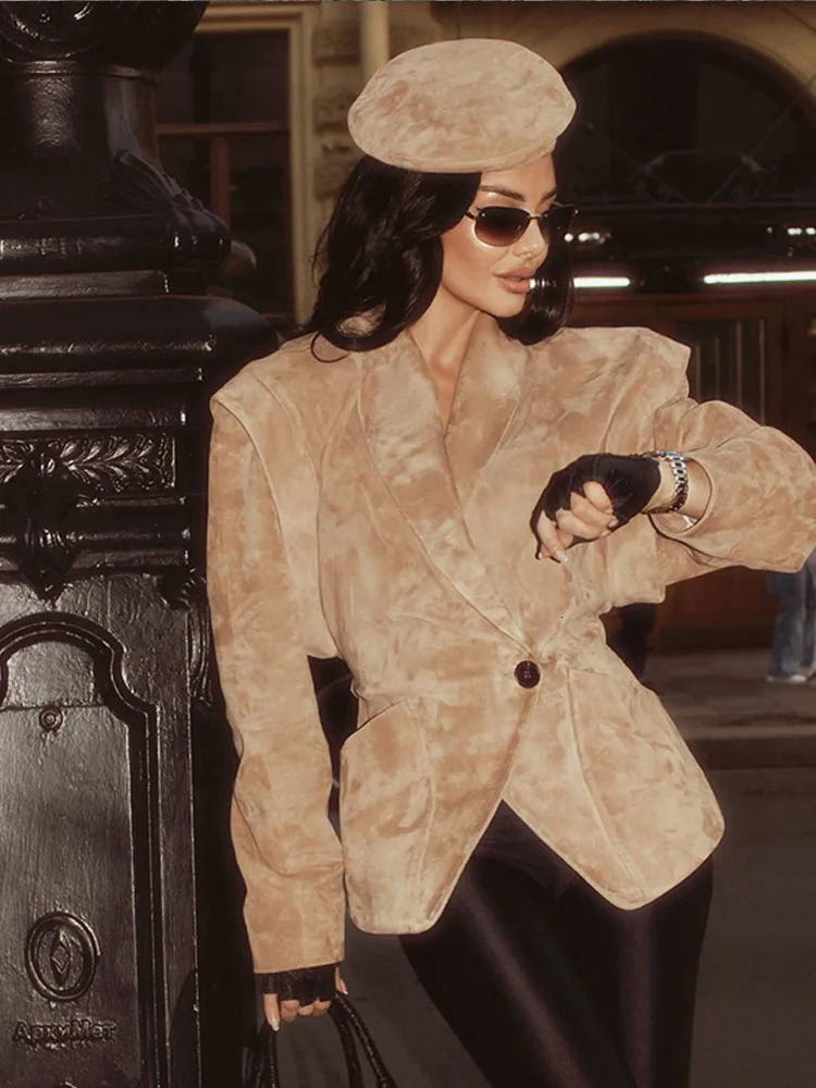 Solid Waist Cinching Blazer Women Shoulder Pads Lapel Single Breasted Long Sleeves Jackets Chic Elegant Casual Street Outerwear 251110