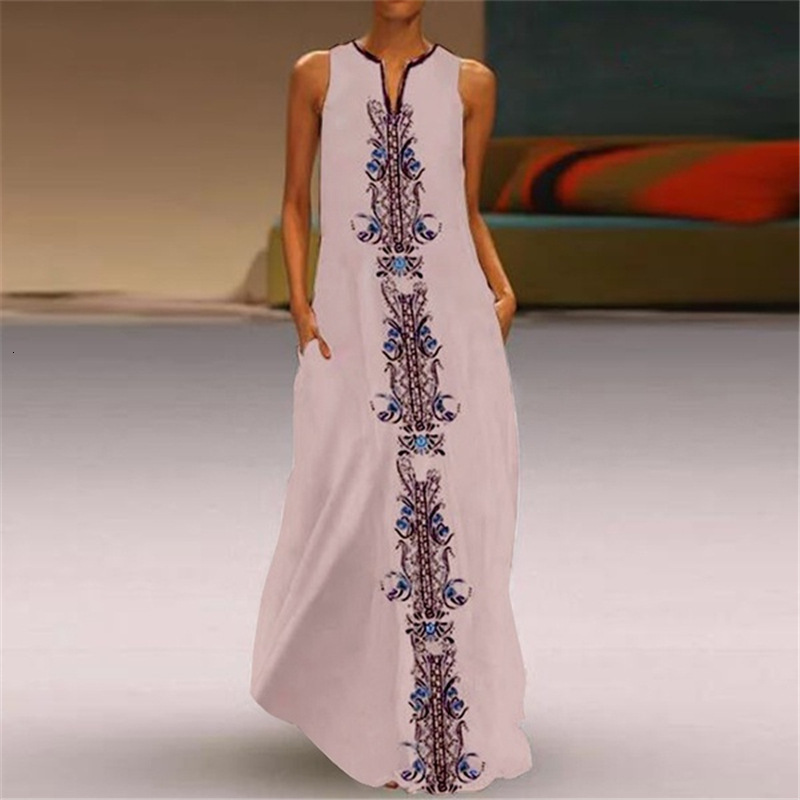 New women's printed V-neck sleeveless pocket insert summer dress
