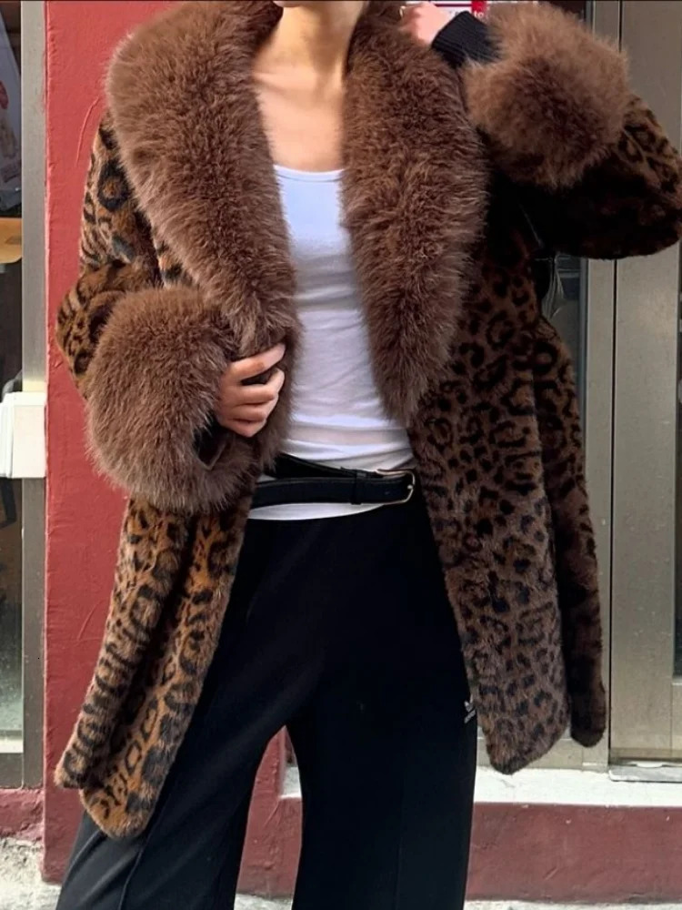 y Leopard Print Faux Fur Jacket Women Lapel Vneck Full Sleeve Lace Up Loose Warm Jackets Lady Winter Daily Street Coat 251110