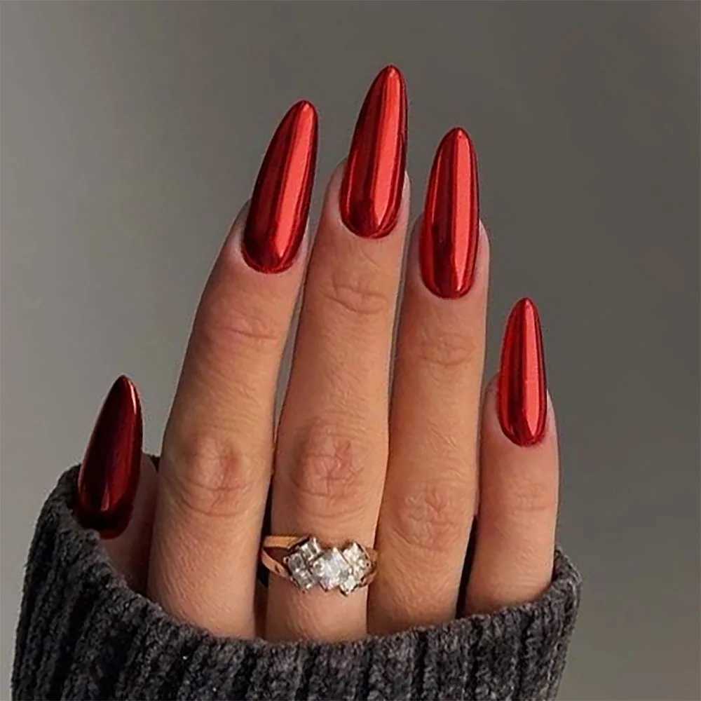 24pcs/set of aluminum fake nails with metal mirror finish in red black purple blue gold pointed artificial ongles y2k pressed acrylic fake nails W2504